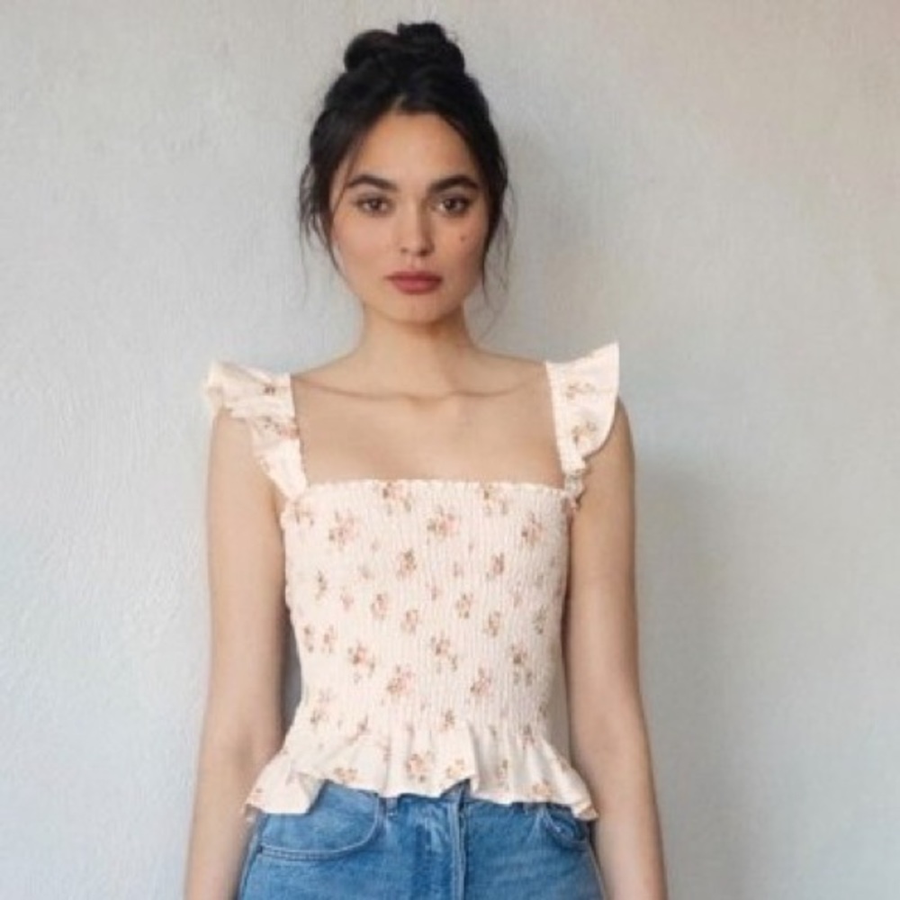Reformation Floral Smocked Ruffle Tank Top in Cream with Pink Floral